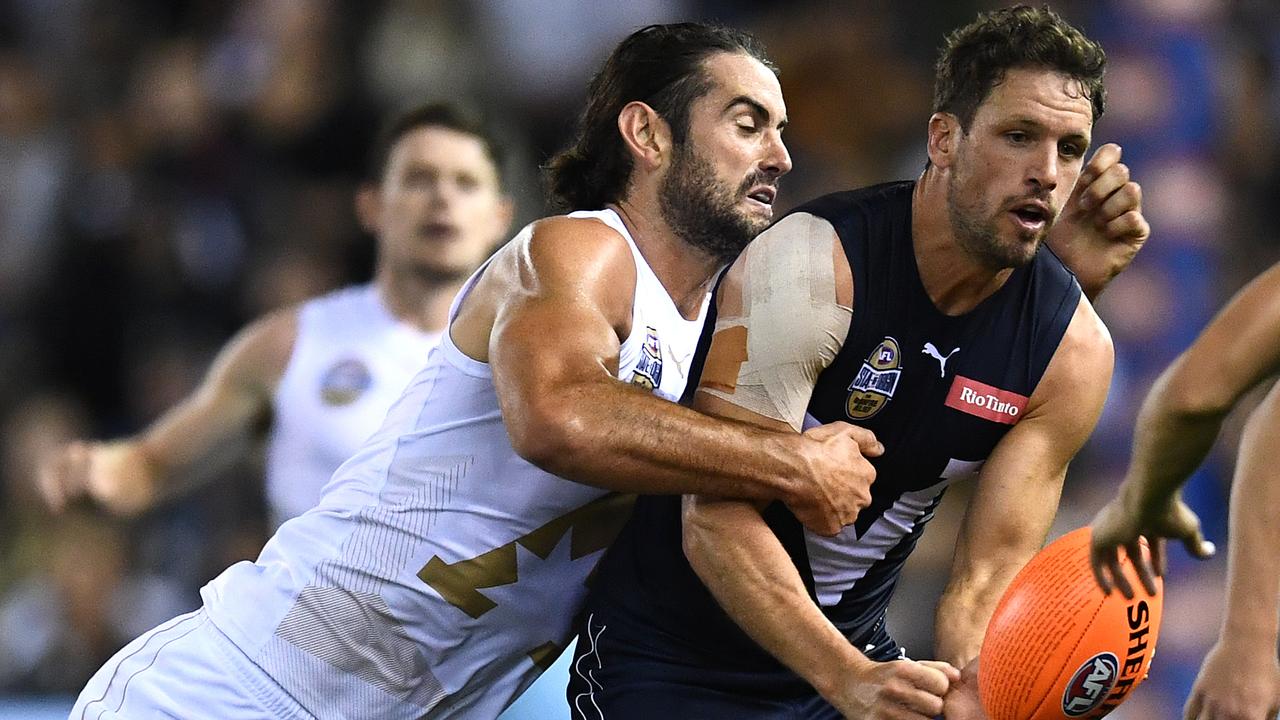 Travis Boak found out from Brodie Grundy the stars of the game were playing for keeps. Picture: Getty Images