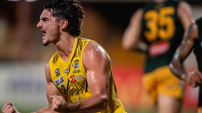 Petros Politis celebrates in the Nightcliff vs St MaryÃs 2023-24 NTFL major semi final. Picture: Pema Tamang Pakhrin