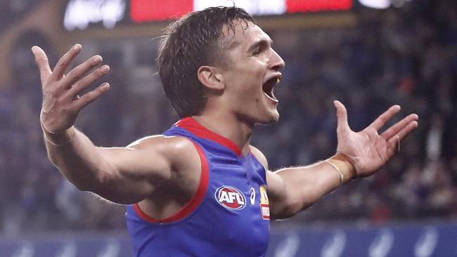 Ugle-Hagan celebrates his matchwinner with the crowd at Marvel Stadium. Picture: Darrian Traynor/Getty Images