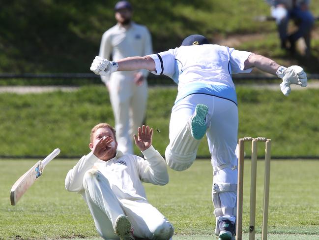 Cricket BPCA A1: Jan Juc v Barrabool at jan Juc. Jan Juc batsman Nick Hyden collides with Barrabool bowler Kane Pickering on his run to the crease Picture: Mark Wilson