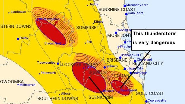 Slow-moving storms west of Brisbane are producing very dangerous conditions, with a warning for the possibility of life-threatening flash flooding.