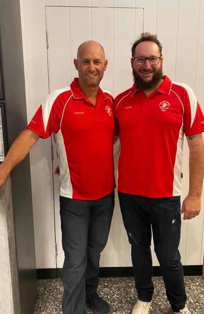 A file photo form when Steve Rogers (left) was awarded this shirt from Ipswich North's hockey club after he played 500 games and Steven Profke (right) who was awarded a shirt for his 700 games.