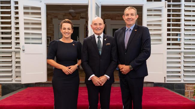 NT Administrator Hugh Heggie has sworn in Country Liberal Party leader Lia Finocchiaro as Chief Minister of the Northern Territory, alongside her deputy Gerard Maley. Picture: Pema Tamang Pakhrin