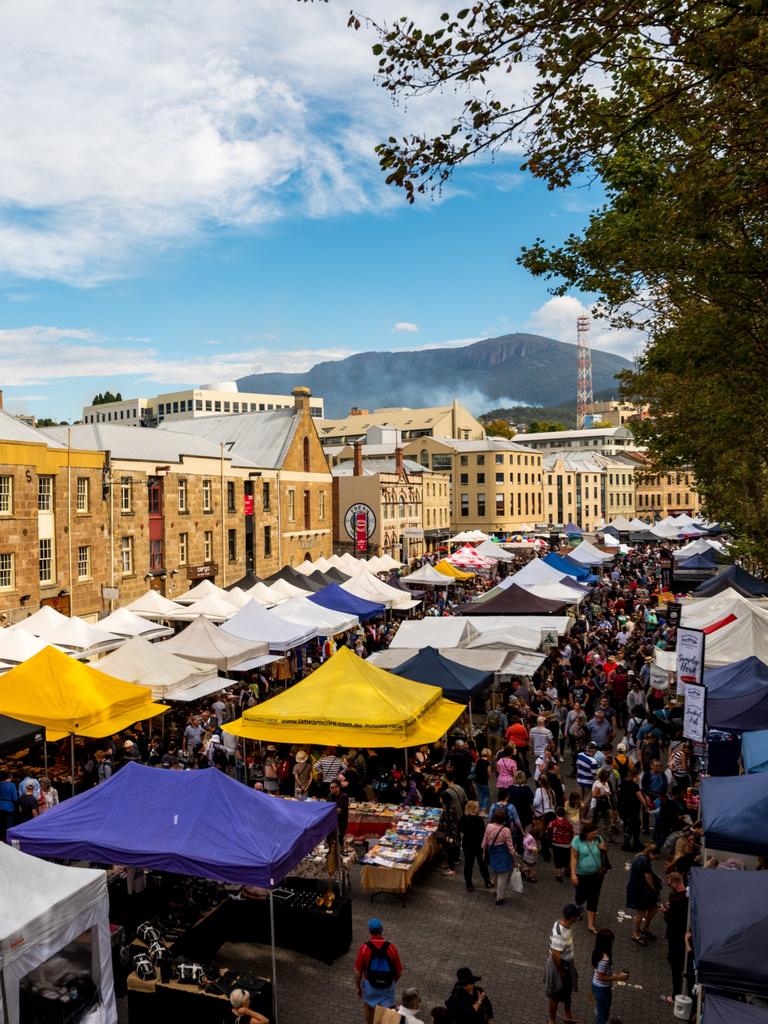 Set among the historic Georgian sandstone buildings of Salamanca Place in Hobart, this famous market attracts thousands of locals and visitors every Saturday of the year. Image: Alastair Bett.