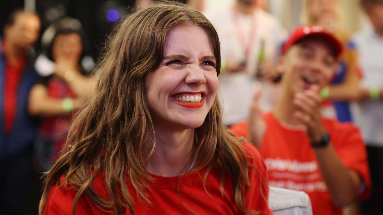 Iris Eagar celebrates as Labor is predicted to win the election. Picture: NCA NewsWire / David Swift