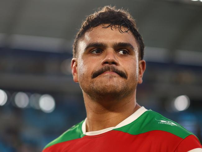 GOLD COAST, AUSTRALIA - JUNE 08: Latrell Mitchell of the Rabbitohs looks on after winning the round 14 NRL match between Gold Coast Titans and South Sydney Rabbitohs at Cbus Super Stadium, on June 08, 2024, in Gold Coast, Australia. (Photo by Chris Hyde/Getty Images)