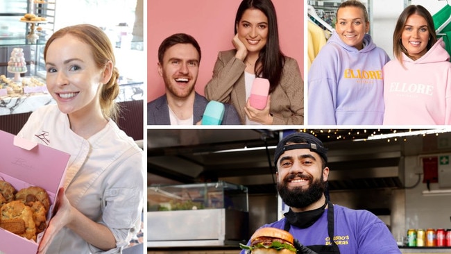 Clockwise from top right: Ellore co-founders Ebany McLees and Olivia O'Neill; Ali Chebbani from Chebbos Burgers; Brooke Saward, the Owner of Brooke Bakehouse and Contour Cube co-founders Lewis Battersby and Sarah Forrai