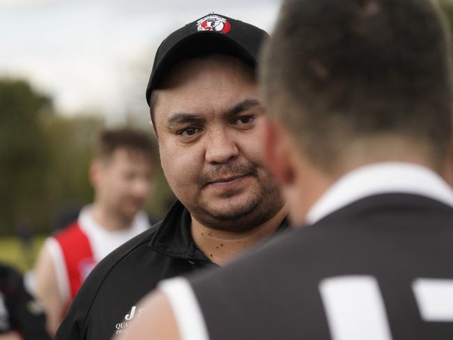 Southern league Division 1 football elimination final: Dingley v St Kilda City. St KIlda City coach addressing players.  Picture: Valeriu Campan