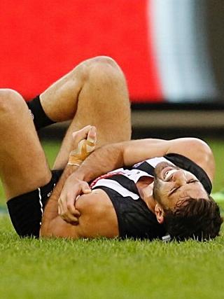 Alex Fasolo was in pain as he injured his left shoulder. Picture: Michael Klein