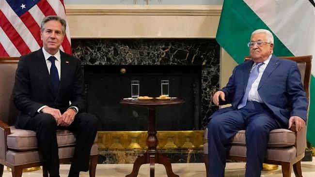 Palestinian President Mahmoud Abbas, seen here with US Secretary of State Antony Blinken, cancelled his meeting with Joe Biden. Picture: AFP.