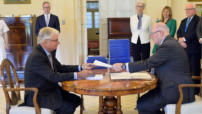 Commissioner Justice Peter McClellan with Governor-General Sir Peter Cosgrove at Government House, Canberra. Picture: Jeremy Piper.