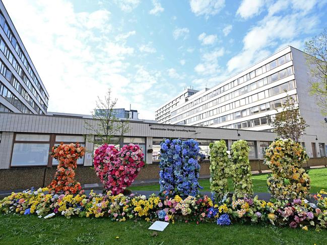 A floral tribute to medical workers outside St Thomas' Hospital in central London where Boris Johnson was admitted after contracting COVID-19. Picture: AFP