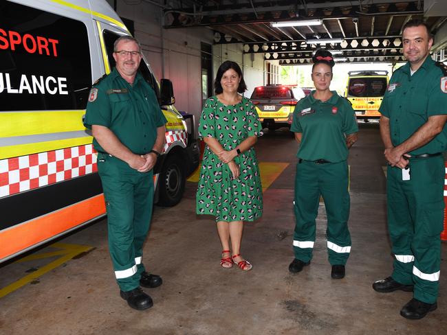 St John Ambulance director of ambulance services Andrew Thomas, duty manager Samantha Cooper and regional manager Andrew Everingham with NT Health Minister Natasha Fyles. Picture: Katrina Bridgeford