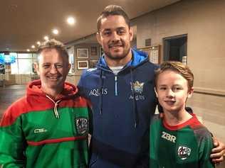 TRAINING TRIP: President of the Byron Bay Lennox Head Junior Rugby League Club Andrew Sheridan, Titans' Jarryd Hayne and Byron Lennox Under-13 player Kayne Curran nominated as the club's Aquis Titans Sportsperson of the Year. Picture: Christian Morrow