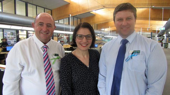 Woodcrest State College executive principal Patrick Murphy, Member for Jordan Charis Mullen and principal of the Secondary School, Darren McGregor.