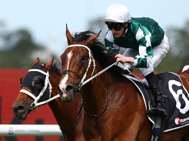 SYDNEY, AUSTRALIA - MARCH 23: James Mcdonald riding  Via Sistina wins Race 5 Ranvet Stakes  during the Golden Slipper Day - Sydney Racing at Rosehill Gardens on March 23, 2024 in Sydney, Australia. (Photo by Jeremy Ng/Getty Images)