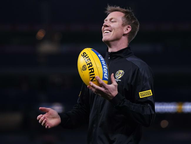 Jack Riewoldt of the Tigers reacts during the Round 3 AFL Match between the Richmond Tigers and the Hawthorn Hawks at the MCG in Melbourne, Thursday, June 18, 2020. (AAP Image/Michael Dodge) NO ARCHIVING, EDITORIAL USE ONLY