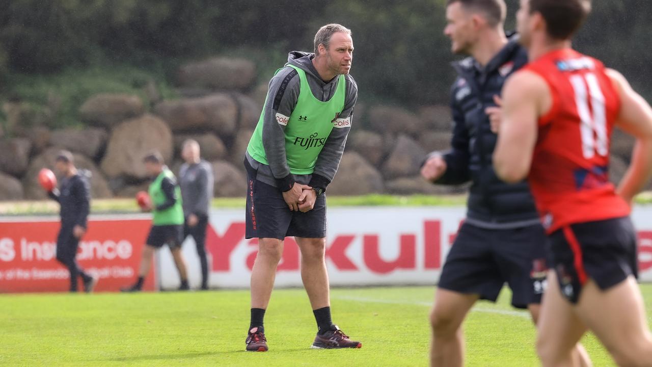 Essendon coach Ben Rutten at training this morning as rumours swirl he will be sacked by seasons end. Picture: Ian Currie
