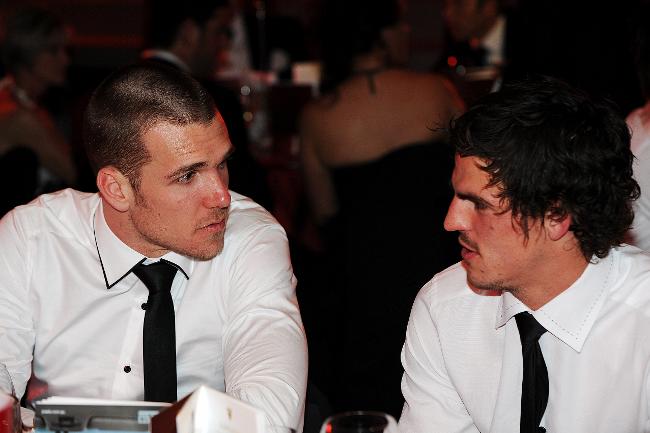 <p>Collingwood's Dane Swan, the overwhelming favourite before the night started, talks serious with Scott Pendlebury. Picture: Michael Dodge</p>