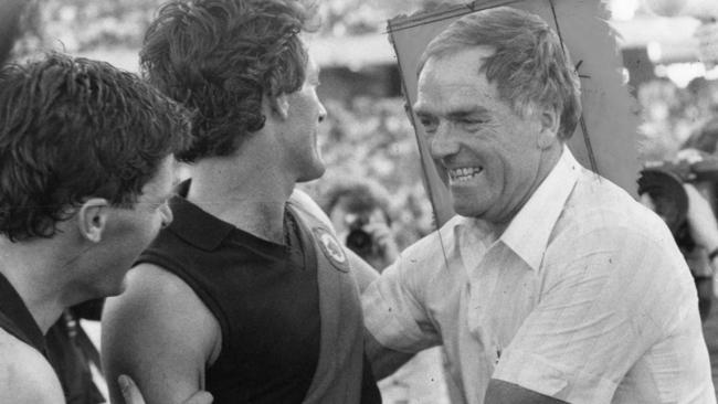 Football coach Neil Kerley celebrating West Adelaide’s premiership in 1983. Picture: Supplied