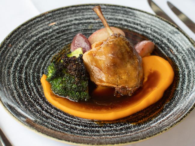 Confit duck leg, maple broccoli, five-spiced stonefruit, pumpkin puree and white wine jus from Jack Rabbit. Photo: Ginger + Mint