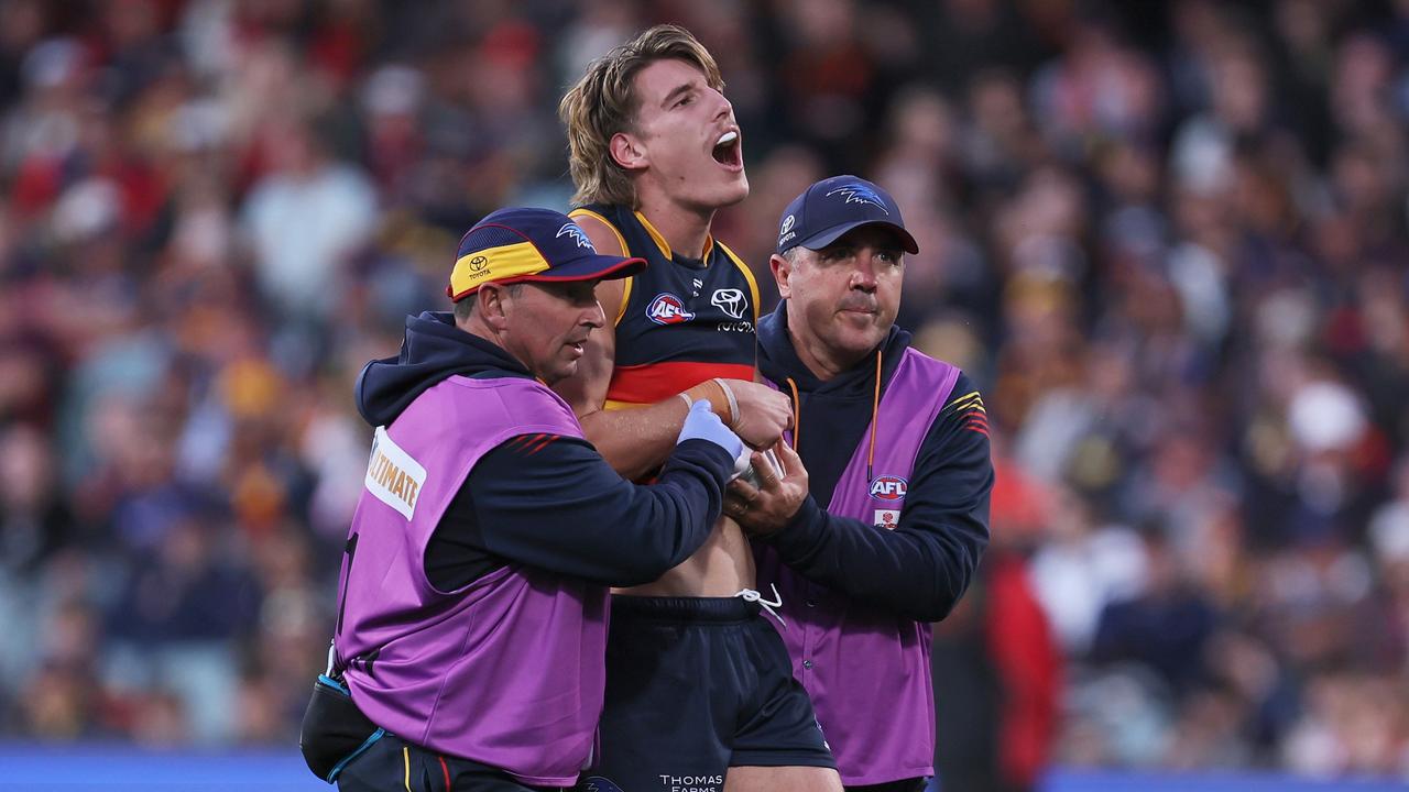ADELAIDE, AUSTRALIA - MAY 12: Josh Worrell of the Crows is injured during the 2024 AFL Round 09 match between the Adelaide Crows and the Brisbane Lions at Adelaide Oval on May 12, 2024 in Adelaide, Australia. (Photo by James Elsby/AFL Photos via Getty Images)