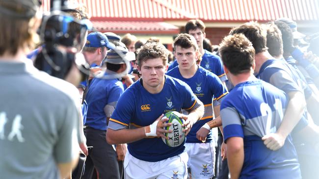 Churchie players run onto the ground. St Joseph's Gregory Terrace vs Anglican Church Grammar School Saturday September 4, 2021. Picture, John Gass