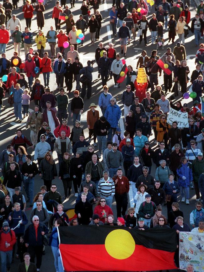 Over 250,000 walking across Sydney Harbour Bridge for Walk for Reconciliation in 2000. Picture: Troy Bendeich