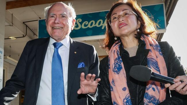 Former Prime Minister John Howard campaigning with Chisholm Liberal MP Gladys Liu on Kingsway in Glen Waverley, Melbourne. Picture: Ian Currie