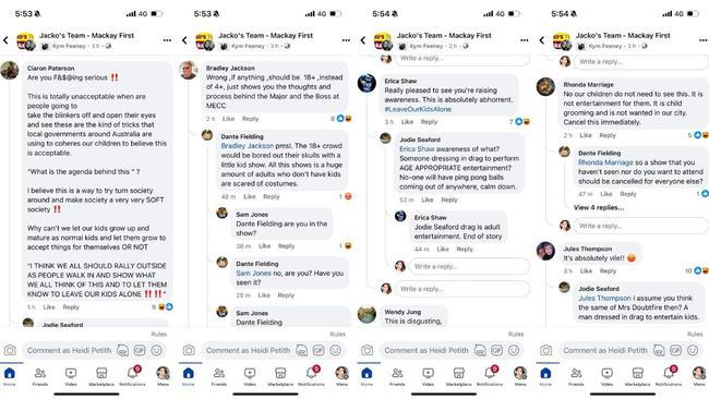 Mackay region residents, including the founder of a charity campaigning against domestic violence, criticising a family-friendly circus show with drag performers, posted inside a group run by 2024 mayoral candidate for Mackay Regional Council, Steve 'Jacko' Jackson, who refused to condemn the comments. Pictures: Facebook
