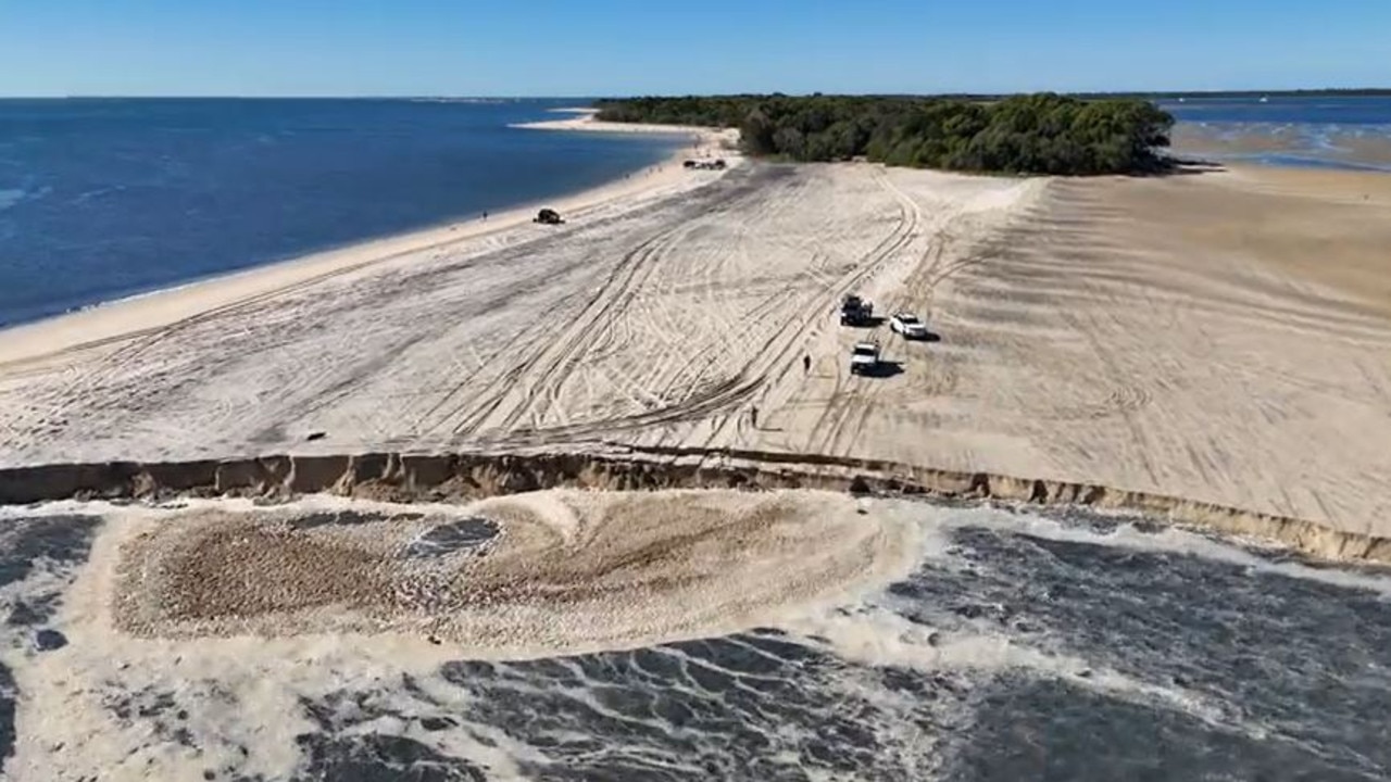 A land slip at Inskip Point today, June 3, was captured by rangers on drone footage.