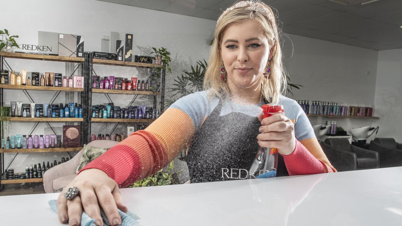 Maddie Hayes has a strict cleaning discipline in place at MH Luxury Hair Studio. Friday, July 22, 2022. Picture: Nev Madsen.