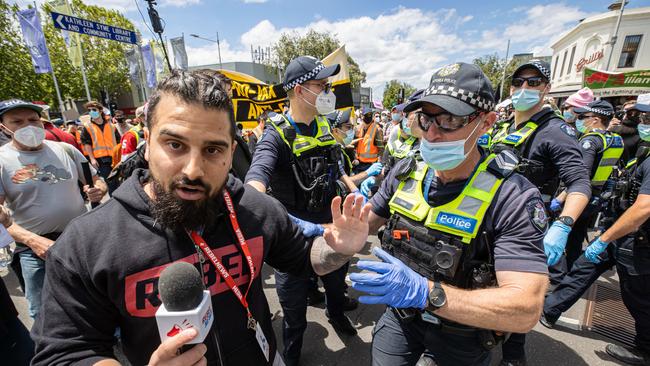 Right-wing journalist Avi Yemini attends the protest. Picture: Jason Edwards