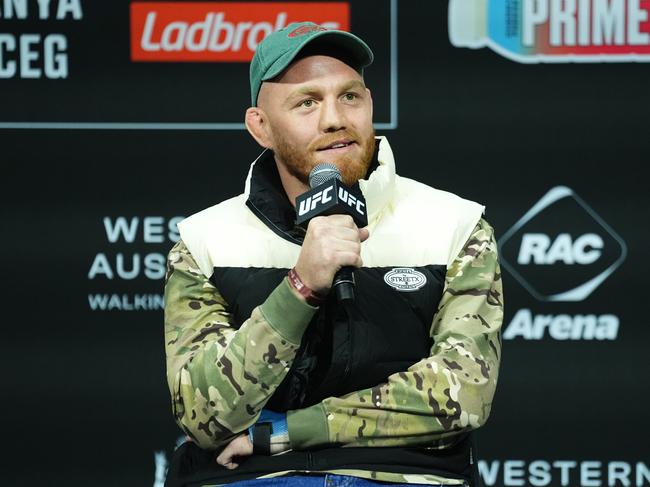 PERTH, AUSTRALIA - AUGUST 17: Jack Della Maddalena is seen on stage during a Q&A session after the UFC 305 ceremonial weigh-in at RAC Arena on August 17, 2024 in Perth, Australia.  (Photo by Jeff Bottari/Zuffa LLC)