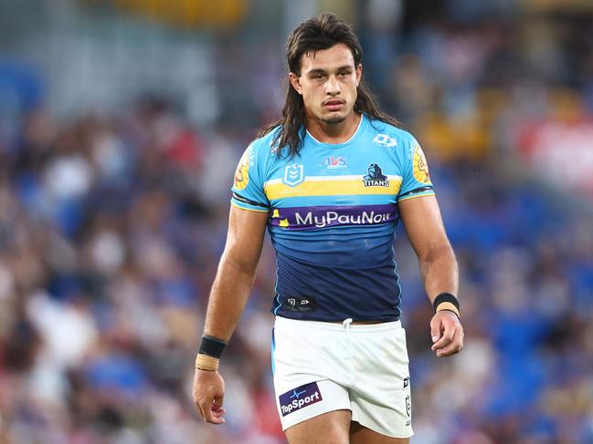 Tino Fa'asuamaleaui of the Titans looks on during the round six NRL match between Gold Coast Titans and St George Illawarra Dragons at Cbus Super Stadium on April 09, 2023 in Gold Coast, Australia. (Photo by Chris Hyde/Getty Images)