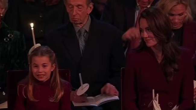 An excited Princess Charlotte with her mum, Catherine, Princess of Wales at the Christmas Eve service. Picture: ITV