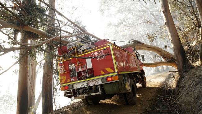 A fire tanker was crushed by a fallen tree at Jumbuk during the Yinnar South fire. Picture: Darrian Traynor/Getty