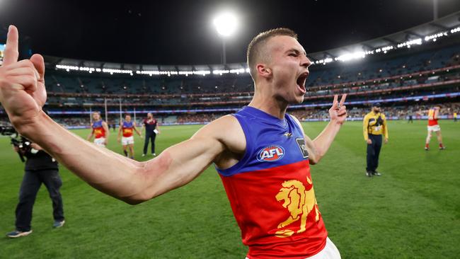 Darcy Wilmot celebrates after Brisbane’s semi-final win. Picture: Michael Willson/AFL Photos via Getty Images