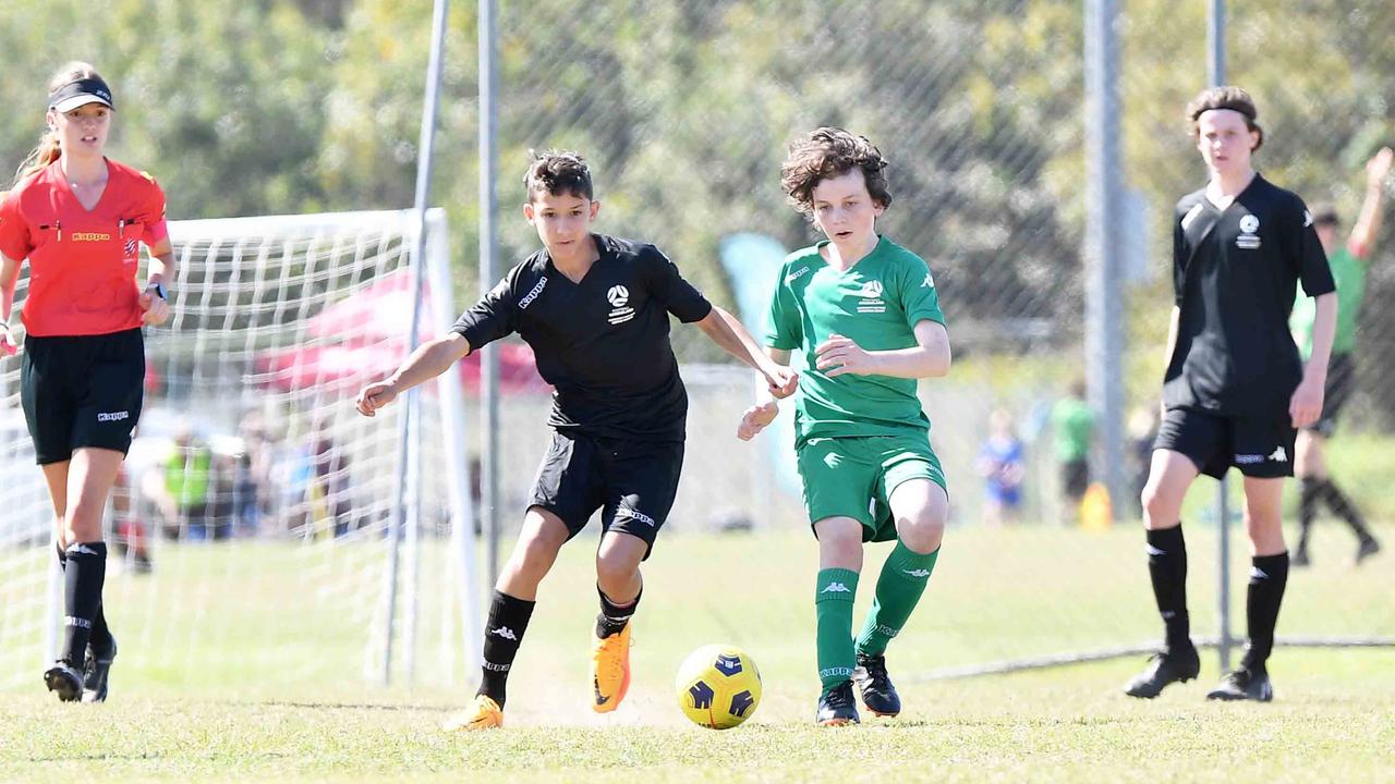 Football Queensland Community Cup carnival, Maroochydore. U13 boys, Sunshine Coast V Metro North. Picture: Patrick Woods.