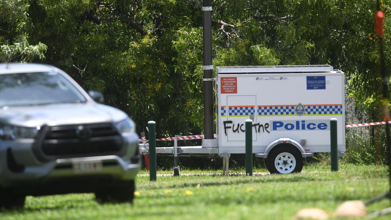 Graffiti appears on a Police surveillance van near Ascension Park where an alleged police shooting of a young Aboriginal man happen in Palmerston suburb of Gray. Picture: (A)manda Parkinson