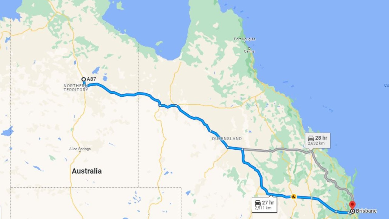 Gabrielle Soltan, travelling from Brisbane, was involved in the crash about 75km north of Tennant Creek. Picture: Google Maps