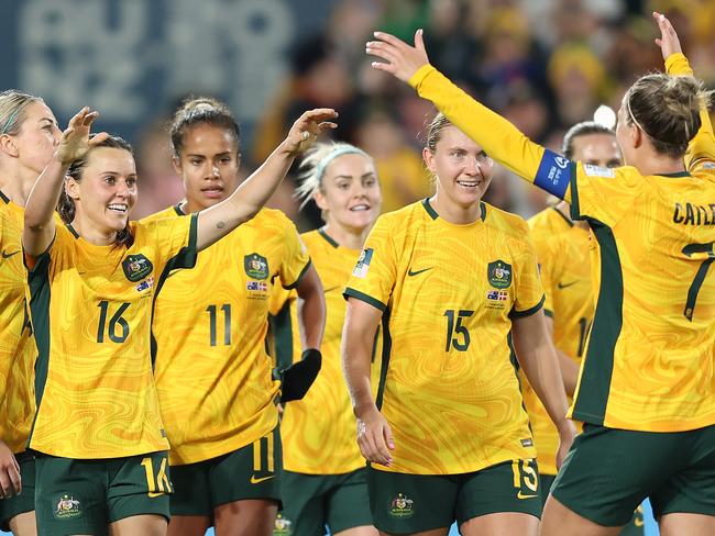 Hayley Raso (second left) celebrates with Matildas teammates after scoring her team's second goal during the FIFA Women's World Cup Australia and New Zealand. Picture: Getty Images