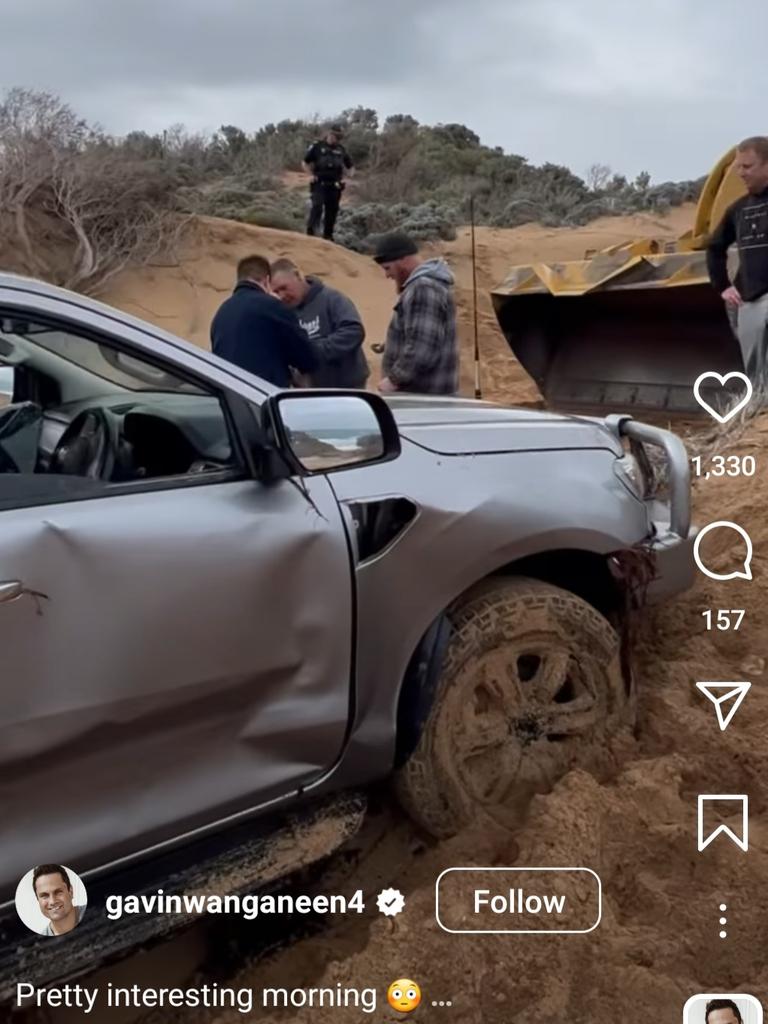 Gavin Wanganeen with his stuck car at Beachport., Picture: Instagram