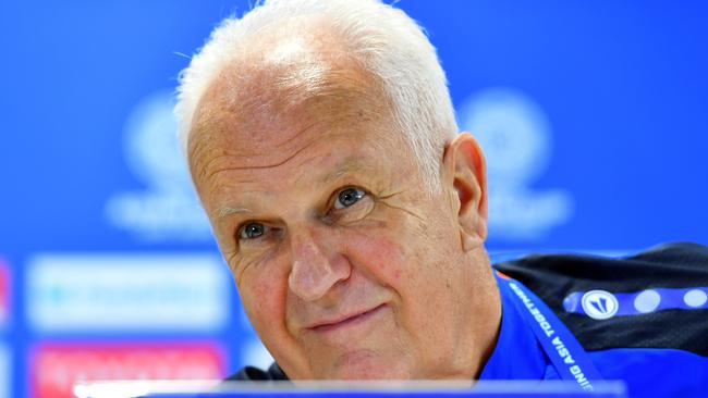 Syria's German coach Bernd Stange gives a press conference at Sharjah stadium in Sharjah on January 5, 2019, a day ahead of his team's match against Palestine in the 2019 AFC Asian Cup. (Photo by GIUSEPPE CACACE / AFP)