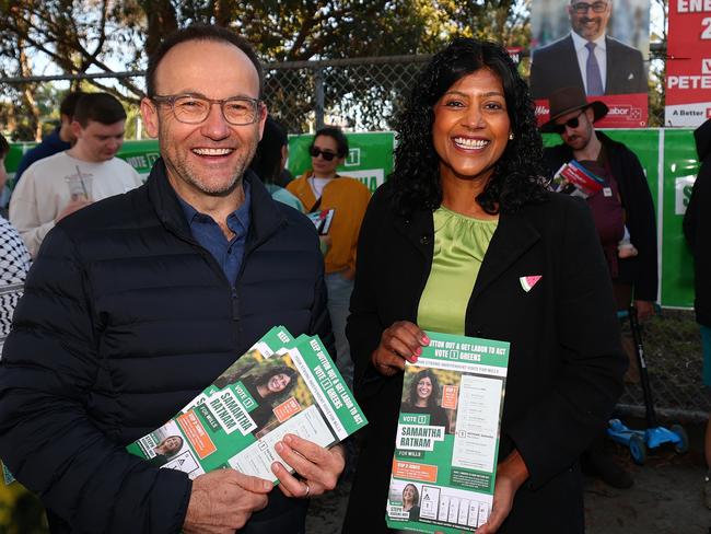 Leader of the Greens Adam Bandt and candidate for Wills Samantha Ratnam on election day. Picture: Getty Images