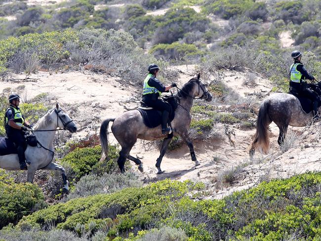 Horse-mounted police search near Salt Creek in the Coorong National Park for evidence of an alleged sexual and physical assault of two backpackers. Photo: Calum Robertson