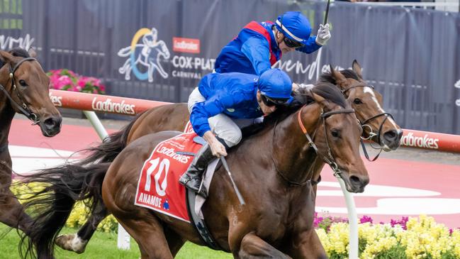 Anamoe and James McDonald on their way to victory in the 2022 Cox Plate. Picture: Jay Town/Racing Photos via Getty Images