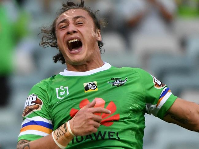 CANBERRA, AUSTRALIA - MARCH 29:  Charnze Nicoll-Klokstad of the Raiders celebrates scoring a try during the round three NRL match between the Canberra Raiders and the Newcastle Knights at GIO Stadium on March 29, 2019 in Canberra, Australia. (Photo by Tracey Nearmy/Getty Images)