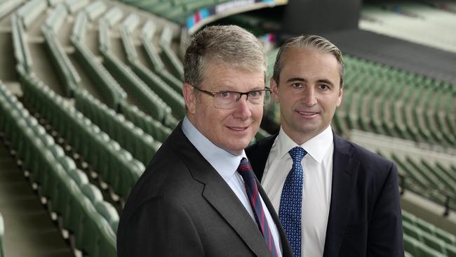 CBA CEO Matt Comyn and chairman Paul O'Malley prior to their AGM at the MCG. Picture: Luis Ascui/NCA NewsWire