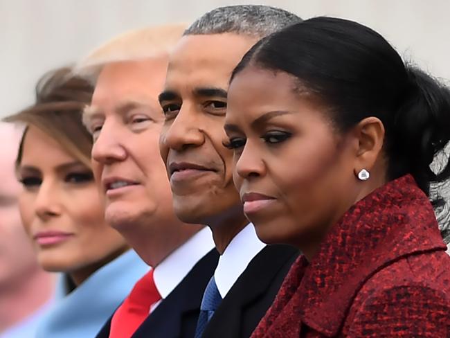 First Lady Melania Trump, President Donald Trump, former President Barack Obama, Michelle Obama at the US Capitol after inauguration ceremonies in Washington, DC. Picture: AFP